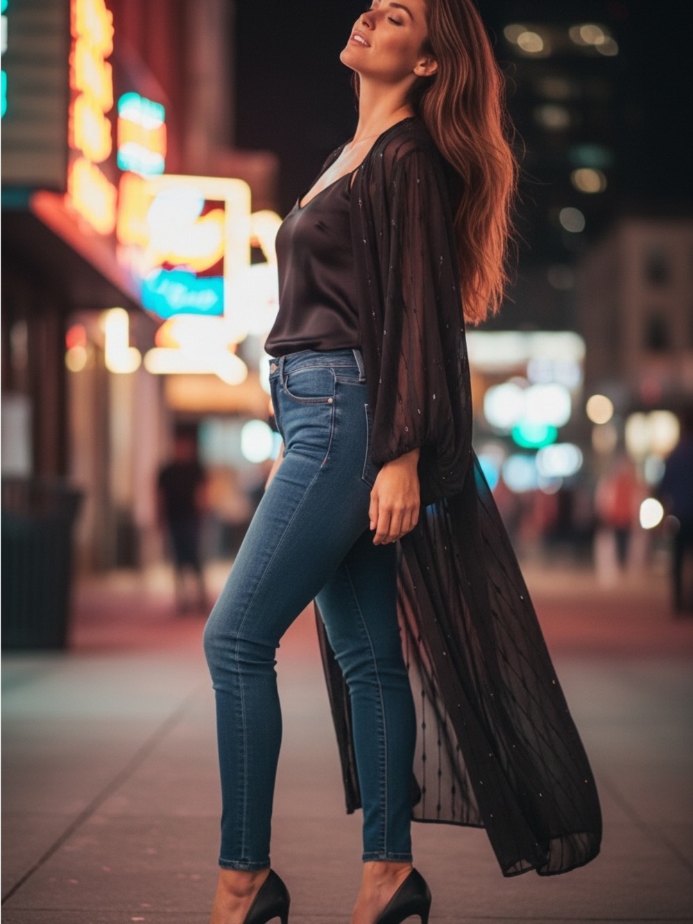 Adrienne Black Sheer Beaded Long Kimono